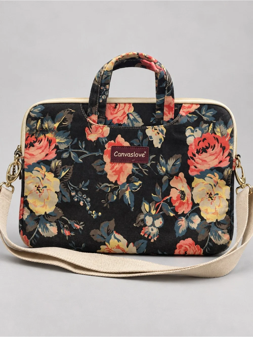 Bella Canvas Black Floral Laptop Tote with Pink and Cream Roses
